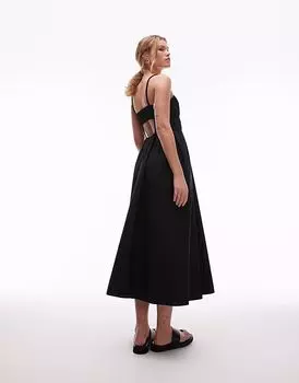 Платье-миди из поплина со сборками Topshop черного цвета