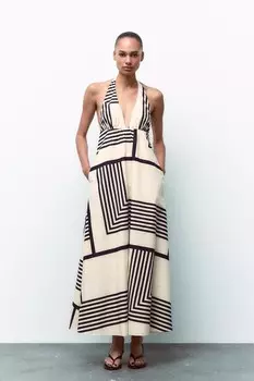 Платье миди из поплина ZARA, черный/белый