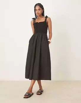 Платье миди из потертого джерси с завязками черного цвета Threadbare