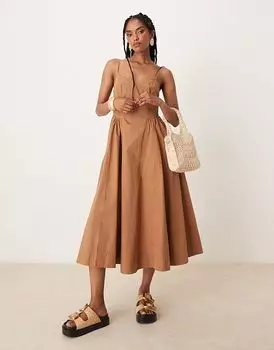 Платье миди из потертого хлопка с заниженной талией коричневого цвета Threadbare