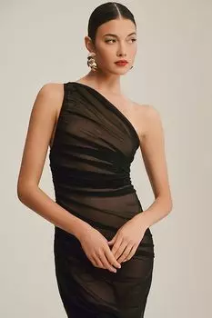 Платье миди из прозрачной сетки Norma Kamali Diana на одно плечо со сборками, черный