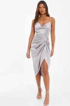 Платье миди из серебристого атласа с оборками QUIZ Clothing