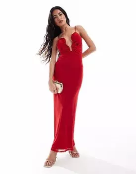 Платье миди из сетчатой ткани ASOS DESIGN с пышным вырезом красного цвета