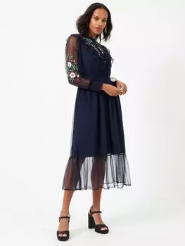 Платье миди из сетчатой ткани с вышивкой French Connection Abra, морской цвет
