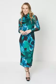 Платье миди из сетчатой ткани с длинными рукавами и воротником-воронкой Oasis, зеленый