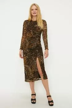 Платье миди из сетчатой ткани со сборками спереди и рисунком животных Oasis, коричневый