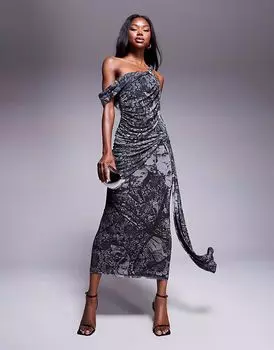 Платье миди из сетки ASOS DESIGN с асимметричным дизайном с открытыми плечами и присборенным драпированным поясом с абстрактным цветочным принтом