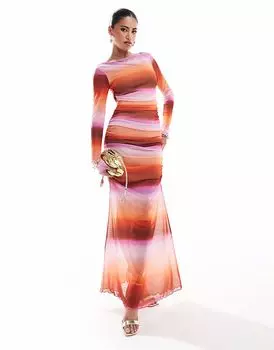 Платье миди из сетки ASOS DESIGN с длинными рукавами и принтом оранжевого заката