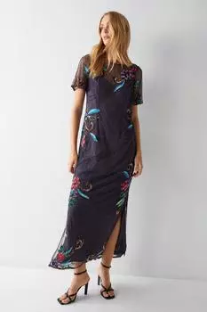 Платье миди из сетки Добби с декором Warehouse, серый