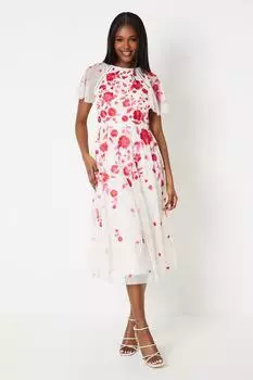 Платье миди из сетки Добби с цветочной вышивкой и рукавами ангела Coast, розовый