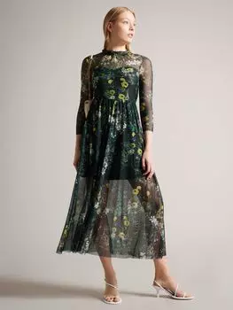 Платье миди из сетки с длинными рукавами и принтом Ted Baker Iilah, темно-зеленое
