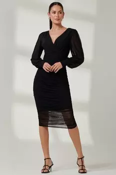 Платье миди из сетки с длинными рукавами и сборками Jolie Moi, черный