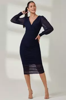 Платье миди из сетки с длинными рукавами и сборками Jolie Moi, синий