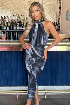 Платье миди из сетки с мраморным принтом, воротником халтер и сборками Ax Paris, черный