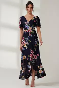 Платье миди из сетки с оборкой и глубоким подолом Jolie Moi, синий