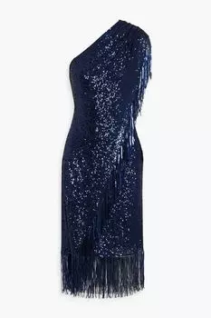 Платье миди из сетки с пайетками на одно плечо и запахом BADGLEY MISCHKA, синий