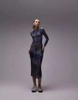Платье миди из сетки с принтом Topshop и оверлочными швами