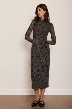 Платье миди из сетки с принтом в горошек Mint Velvet, черный