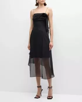 Платье миди из сетки с высоким и низким вырезом и цветочной деталью Givenchy, цвет Black