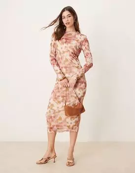 Платье-миди из сетки VILA с длинными рукавами и принтом в виде роз и березовых пятен