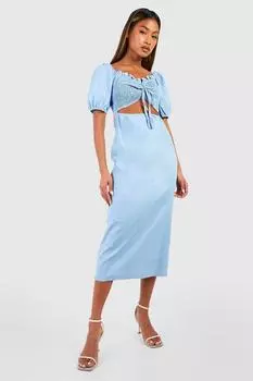 Платье миди из шамбре с рукавами и рукавами Boohoo, синий