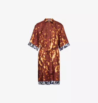 Платье миди из шелка с абстрактным принтом и поясом Dries Van Noten, цвет rust