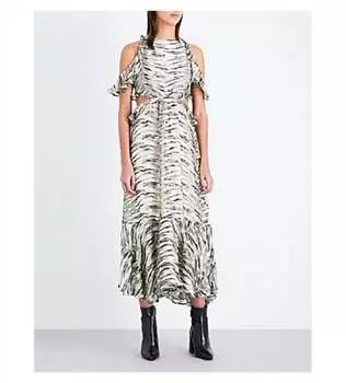 Платье миди из шелка с анималистичным принтом и вырезом на открытой спине в сером цвете Topshop, серый