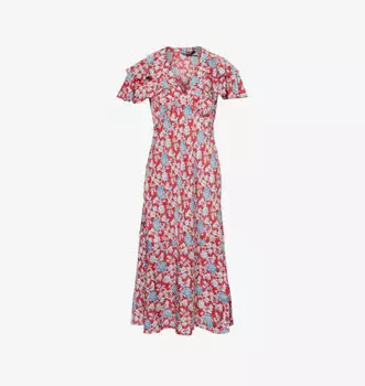 Платье миди из шелка с цветочным принтом, короткими рукавами и оборками Polo Ralph Lauren, цвет retro garden