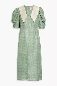 Платье миди из шелкового атласа со сборками и принтом SHRIMPS, зеленый