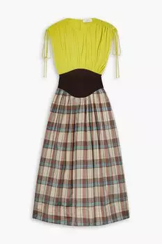 Платье миди из шелкового крепдешина, ткани и сатина в клетку TORY BURCH, желтый