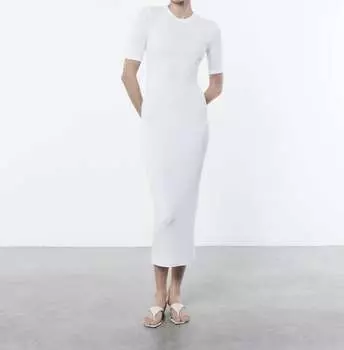 Платье миди из шелкового рубчика с короткими рукавами белого цвета Enza Costa