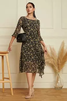 Платье миди из шифона с цветочным принтом и оборкой по подолу Jolie Moi, черный