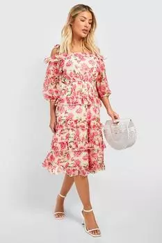 Платье миди из шифона с цветочными рубками Boohoo, розовый
