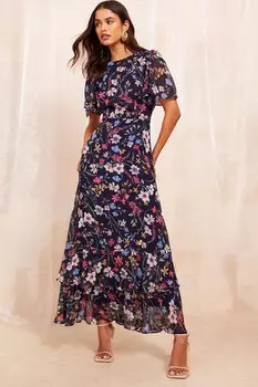 Платье миди из шифона с короткими рукавами и ярусами Friends Like These, синий