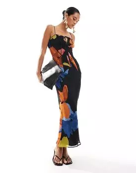 Платье миди из шифона с косой талией в черном цветочном узоре ASOS DESIGN