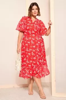 Платье миди из шифона с рукавами крылышками и запахом Curves Like These, красный