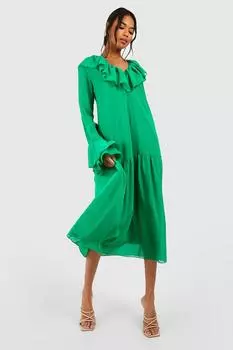 Платье миди из шифона с рюшами Boohoo, зеленый