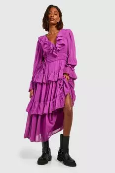 Платье миди из шифона с рюшами Boohoo, фиолетовый