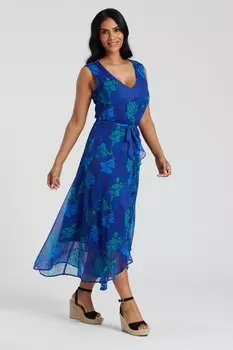 Платье миди из шифона с V образным вырезом и оборками South Beach, синий
