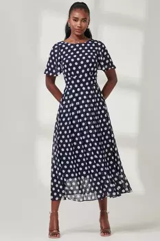 Платье миди из шифона в горошек, облегающее и расклешенное Jolie Moi, синий