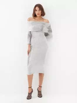 Платье миди из синели с откидными плечами ALAA, серебряный