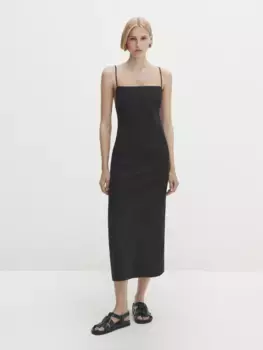 Платье миди из смешанного льна с ремнями на спине Massimo Dutti, черный (дубль)
