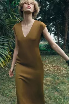 Платье миди из смешанного льна и атласа ZARA, ириска