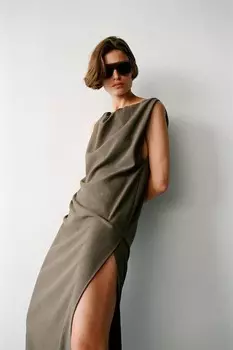 Платье миди из смешанной шерсти ZARA, коричневый/серо-коричневый