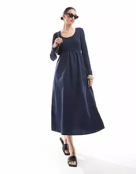 Платье миди из смеси поплина и трикотажа с длинными рукавами темно-синего цвета Threadbare