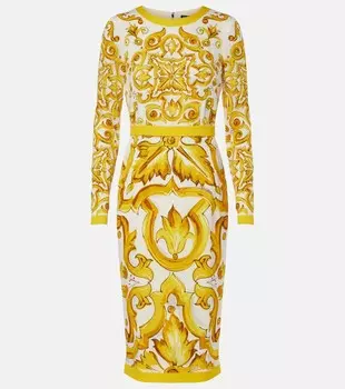Платье миди из смеси шелка и майолики с шармезом Dolce&Gabbana, цвет mix maiolica giallo
