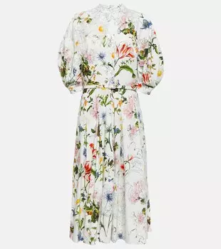 Платье миди из смесового хлопка с цветочным принтом OSCAR DE LA RENTA, синий