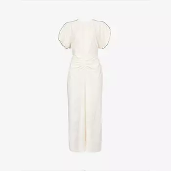 Платье миди из смесового хлопка со сборками и цветочным принтом Victoria Beckham, бежевый