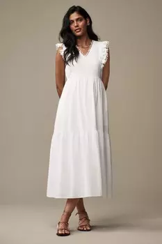 Платье миди из смесового льна с кружевной отделкой Laura Ashley, белый