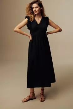 Платье миди из смесового льна с кружевной отделкой Laura Ashley, черный